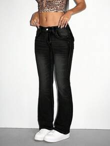 SHEIN Unity 女式喇叭裤，带口袋，休闲百搭 - 黑色 - 查看 6