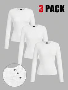 SHEIN EZwear 3 件套女士休闲圆领修身长袖 T 恤套装，适合秋冬季 - 白色 - 查看 1