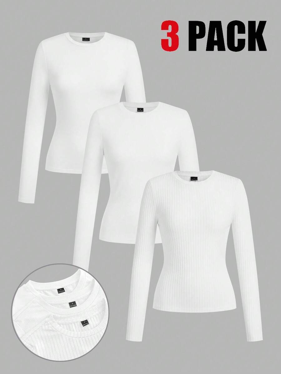 SHEIN EZwear 3 件套女士休闲圆领修身长袖 T 恤套装,适合秋冬季 - 白色 - 查看 1