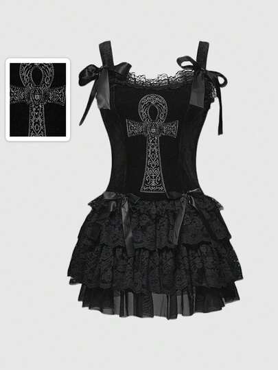Goth Vestido con corbata de moño bordado con cruz egipcia antigua del palacio gótico vintage para mujeres