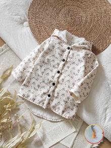 SHEIN Vintaside Kids Chaqueta con capucha con botones, forrada térmicamente y con estampado floral ditsy para niña, de moda y casual para uso diario