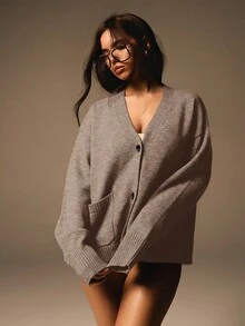 Athîral 女式纯色落肩长袖休闲开衫，秋冬 - 棕色 - 查看 4