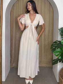 Andrea Bello Vestido largo estilo maxi para verano con escote en V profundo, cierre delantero, abertura en la cintura y bajo con abertura - Beis - Ver 3