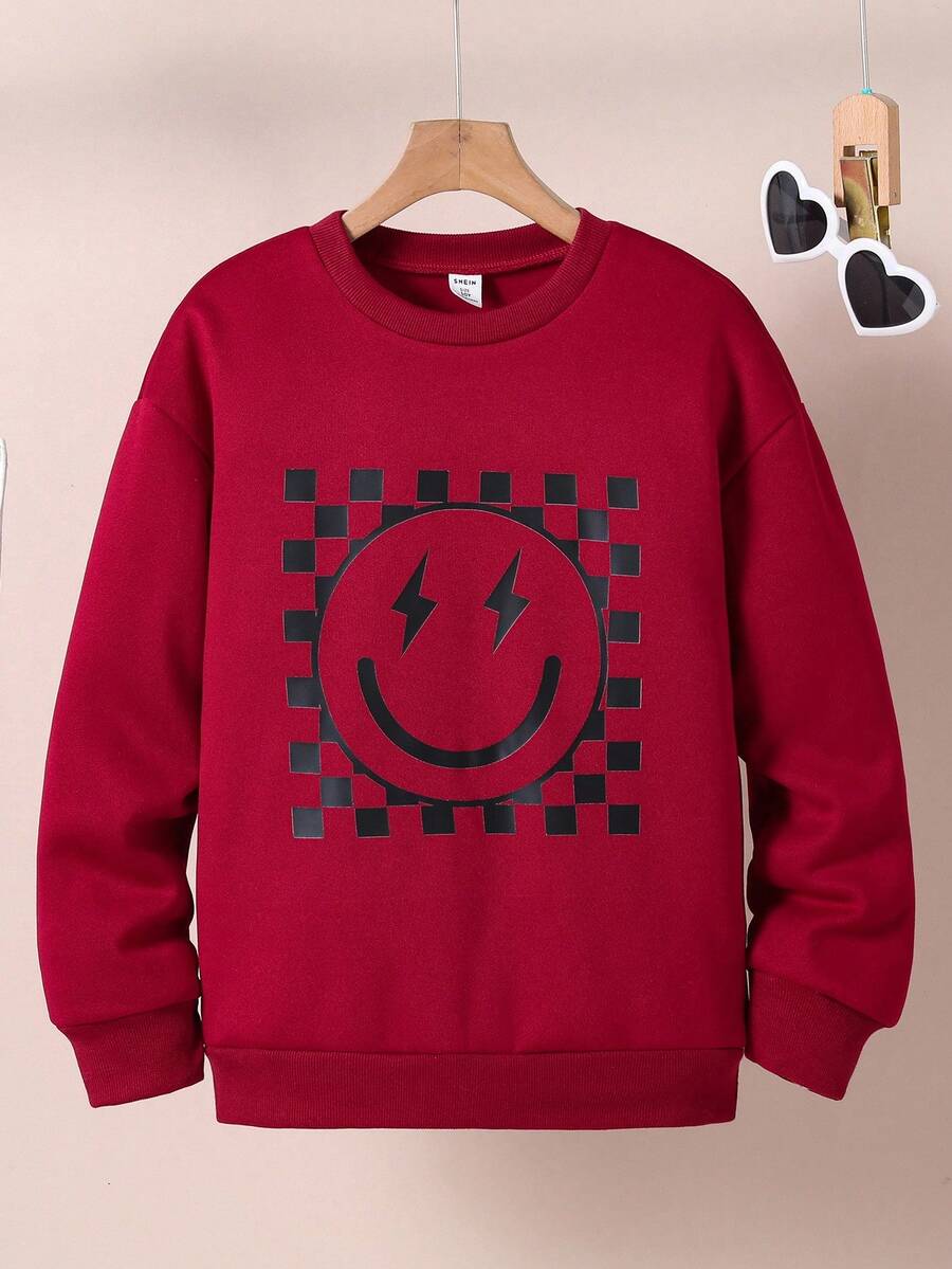 Tween Girl Crew Neck Sweatshirt,Smiling Face Checkerboard Long Sleeve,Red And Leopard Print,Autumn,Streetwear,School,Back-To-School Casual Fall Wear - Red - View 1