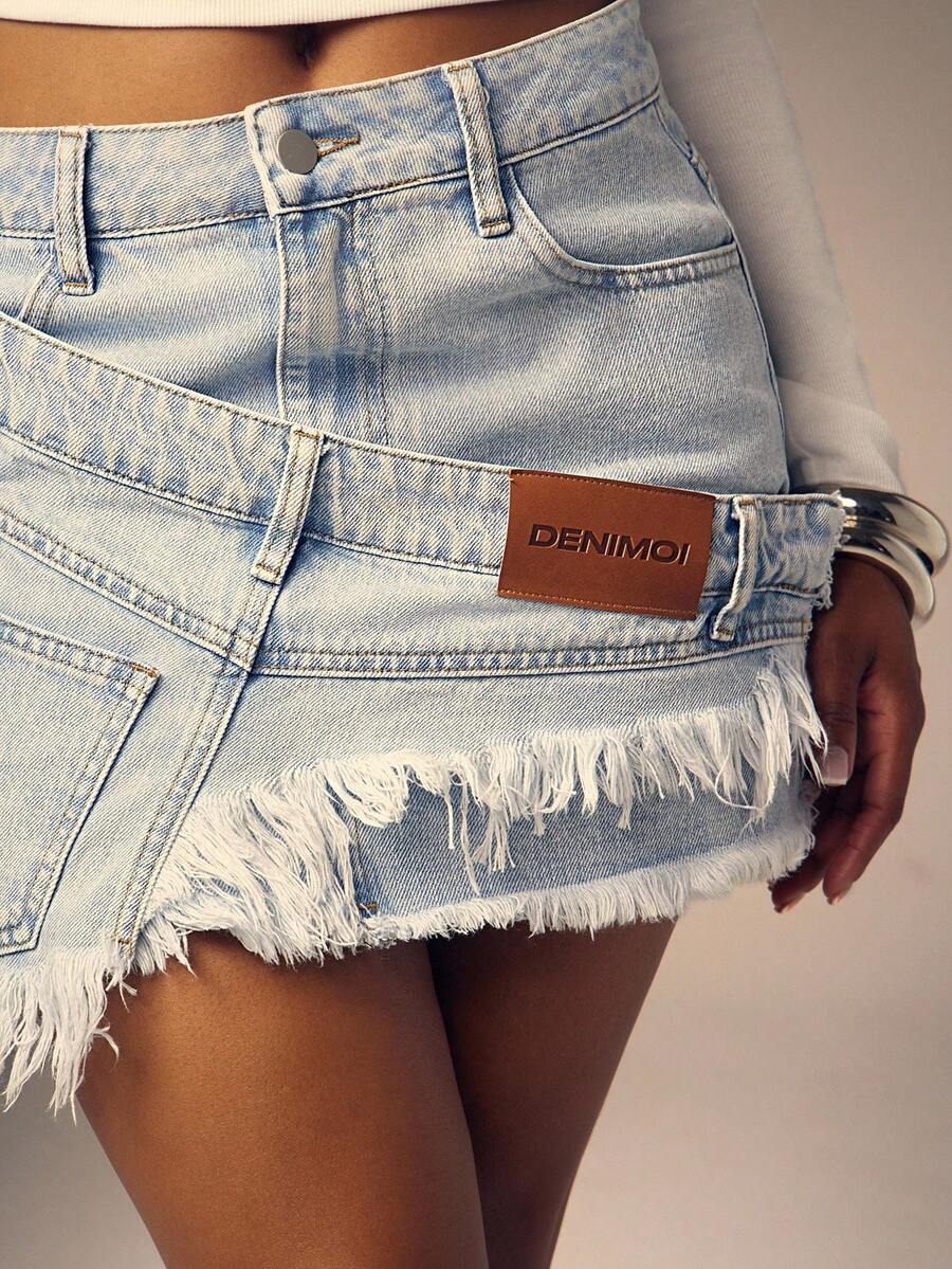 Denimoi Women's Casual Fashion Street Chic Raw Edge Denim Mini Skirt, Summer - Blue - View 1