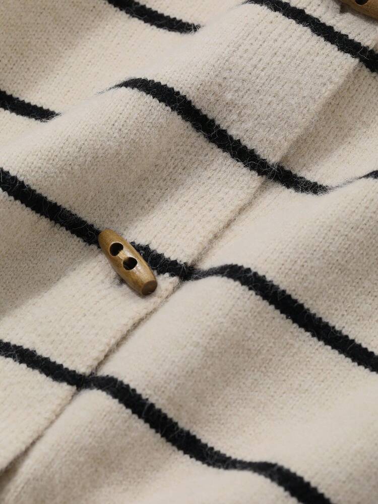 Contrast Color Striped High Neck Long Sleeve Loose Cardigan With Horn Buttons For Women,Fall Women Clothes