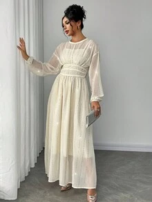 Gloray Women's Elegant Sequin Sheer Waist Cinched Long Sleeve Round Neck Dress