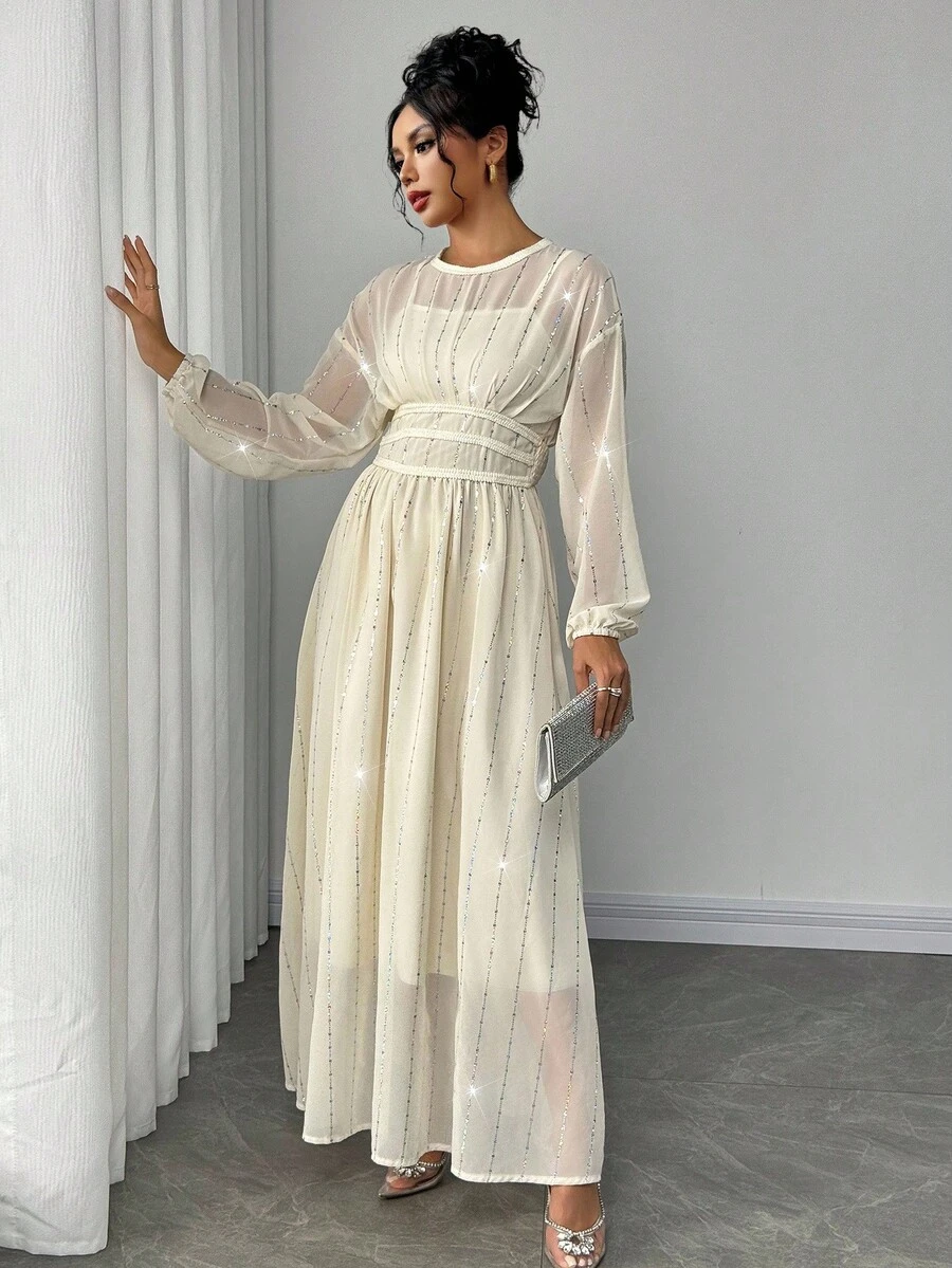 Gloray Women's Elegant Sequin Sheer Waist Cinched Long Sleeve Round Neck Dress