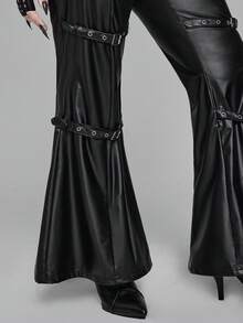 ROMWE EDITION Calça Flare de Retalhos de Renda e Couro Estilo Gótico Plus Size, Legging Justa e Sexy Estilo Bodycon Plus Size para Festa, Calça de Outono/Inverno Plus Size, Calça de Couro Plus Size para Mulheres, Calça de Couro para Festa Plus Size - Preto - Visão 4