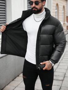 Manfinity Homme 男士长袖拉链开襟保暖冬装外套，宽松轻便 - 黑色 - 查看 7