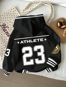 Teen Girls' Casual Minimalist Numeric 23 Graphic Hoodie, Fashion Basketball Jersey Style, Loose Fit Comfortable Sweatshirt For Autumn/Winter, Suitable For Streetwear, Back To School, Athleisure Fall Varsity Jacket Kids Kids Big Sweater Teen Y2k Clothes Girls Letterman Jacket Boys Hoodie 12