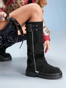 CUCCOO GRLICON 黑色厚底扣法式仙女风格西部筒靴，女式中筒靴，适合万圣节、圣诞节、派对、秋季 - 黑色 - 查看 4