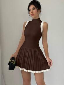Elenzga Contrast Trim Collared Sleeveless Pleated Sweater Dress