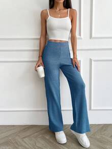 Women's Rib Knitted Straight High Waist Knit Pant - Blue - View 4