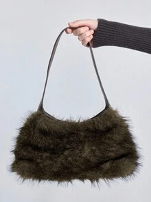 ROMWE Grunge Punk Y2K 仿皮草链条单肩包，朋克哥特式蓬松流浪包，街头风格手提包 - 咖啡棕 - 查看 6