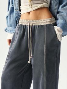 Bohemela Quần nỉ boho ống rộng dệt kim màu trơn đơn giản, lót nhiệt dành cho nữ, Thu/Đông - màu nâu - Xem 4