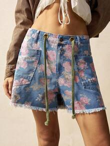 Bohemela Shorts sueltos de estilo campestre y vacacional bohemio con estampado tejido de mezclilla para mujeres