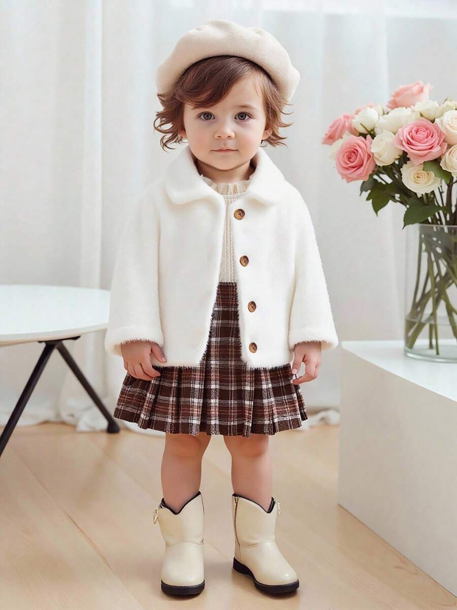 SHEIN 2 件套女婴冬季新款服装，毛茸茸长袖开衫外套，棕色格子百褶裙，甜美时尚休闲保暖套装 - 彩色 - 查看 1