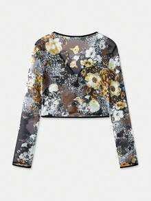 lacRébo Áo crop top tay dài lưới in họa tiết hoa đen nâu có nút cài phía trước dành cho nữ mùa thu, trang phục mùa thu, trang phục mùa thu cho nữ, mùa thu đông - Nhiều màu - Xem 9