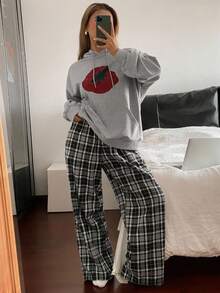 DAZY Women's Tomato Graphic Print Hoodie & Plaid Pants Pajama Set, Autumn/Winter, Fall Clothes - Grey - View 4