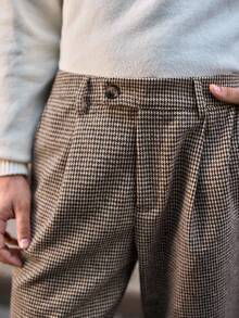 HIMLAND Men's Plaid Casual Pants For Commuting, Autumn/Winter Plaid Pants High Waisted Pants Brown Dress Pants Suit Pants