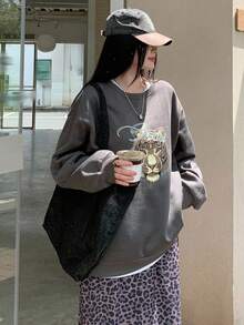 DAZY 女士虎纹抓绒圆领卫衣和豹纹长裙休闲两件套，冬季家居服套装 - 深灰色 - 查看 4