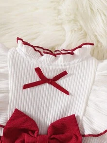 新生女宝宝白色长袖蕾丝领拼布粉色蝴蝶结连衣裙秋冬新款优雅复古可爱面料舒适