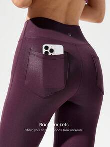GLOWMODE 26 英寸 GlowFlex 铝箔仿皮羊毛弹力吸汗口袋中腰紧身裤，带臀部口袋，瑜伽普拉提工作室秋冬日常休闲装 - Bold Plum - 查看 3