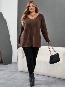 SHEIN CURVE+ Áo thun cổ chữ V viền gân màu xanh cỡ lớn, quần áo thu đông cho nữ, mùa đông, CONG CỠ LỚN/Mùa thu/Mùa đông - màu nâu - Xem 7