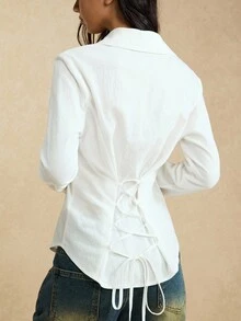 Easelle 1 件女式修身白色梭织衬衫，后背优雅系带，长袖 - 白色 - 查看 4