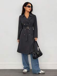 SHEIN PETITE 女士复古长袖风衣，冬季，新年夜，商务长款外套风衣 - 灰色 - 查看 6