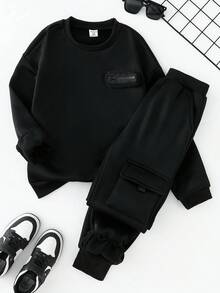 SHEIN Tween Boys Casual Loose Fit Long Sleeve Sweatshirt And Pants Co-Ord Set Fall Winter,Unisex - Black - View 9