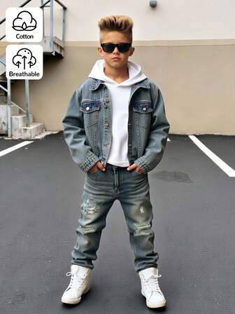 SHEIN Pojkar och tonårspojkar, casual all-matchande vintage-jeanset med slitna detaljer, bekvämt streetwear, ny ankomst 2024, lämpligt för vardagsbruk