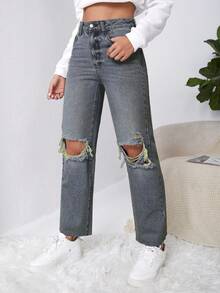 SHEIN EZwear Jeans rectos con pierna derecha, desgarrados y con corte crudo, estilo Y2K - Neblina azul - Ver 6
