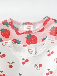 Cozy Pixies Bộ đồ ngủ 4 món in họa tiết quả dâu tây mềm mại cổ tròn tay dài kèm quần dài cạp chun ôm sát cho bé gái - Nhiều màu - Xem 3