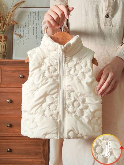 SHEIN Vintaside Kids Chaleco sin mangas para bebé niña, con cremallera, simple, versátil, ligero y ajustado, adecuado para uso diario en exteriores durante el frío invierno