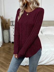 EMERY ROSE Elegant Solid Color Long Sleeve Crew Neck Versatile Women Sweater - Red - View 6