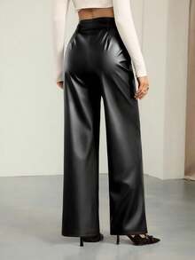 SHEIN Tall Women Minimalist Straight PU Leather Leggings, Casual Daily Wear,Thanksgiving,Elegant Commuter Leather Pants High Elastic Casual Style,Black Pants - Black - View 2