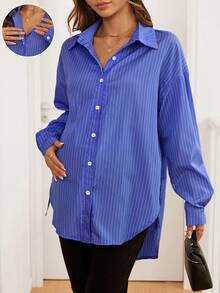 SHEIN 条纹休闲宽松长袖孕妇衬衫 - 寶藍色 - 查看 7
