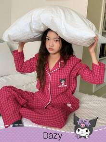 DAZY HELLO KITTY AND FRIENDS | SHEIN 青少年女孩编织格子长袖上衣和裤子睡衣套装，秋季 - 紅色 - 查看 4