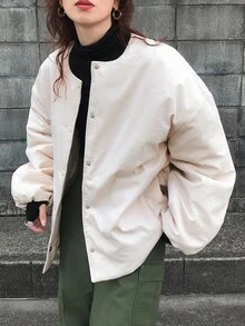 FRIFUL Women's Round Neck Drop Shoulder Button Cuff Casual Loose Versatile Padded Coat, Suitable For Autumn Jacket - Apricot - View 5