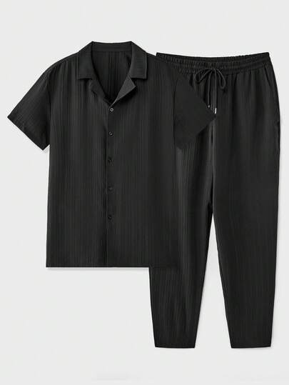 Chillumni Men Plus Size Solid Plisse Lapel Collar Shirt And Pants Set