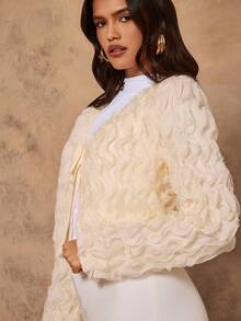 Chiquease Chaqueta ligera de mujer con volantes y lazo en la parte delantera, unicolor, elegante, para otoño - Albaricoque - Ver 3