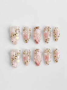 ROMWE Anime 10 peças de unhas postiças artesanais de alta qualidade com laço fofo e nota musical, estrela, + 3 peças de adesivo dupla face, corrente de strass estilo francês Y2K, adesivos removíveis para arte em unhas, adequados para feriados, festas, dança e uso diário