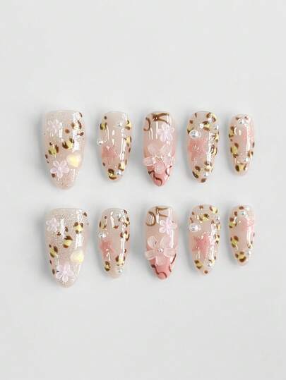 Anime 10 piezas de uñas postizas de alta calidad con diseños de moño, nota musical y estrella hechas a mano + 3 piezas de adhesivo doble cara, pegatinas de arte de uñas con cadena de cristal y lunares estilo francés Y2K, aptas para vacaciones, fiestas, baile y uso diario