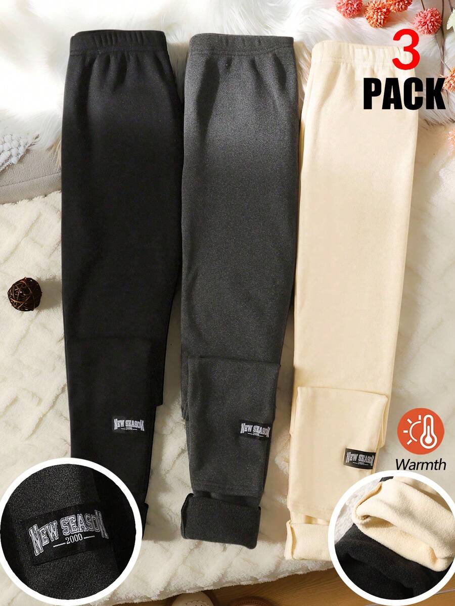 SHEIN 少女三件套字母拼接细节保暖打底裤，柔软高弹罗纹保暖内衬，休闲百搭，黑色/深灰色/杏色秋冬款 - 彩色 - 查看 1