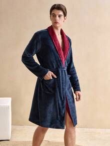 Herrmorgonrock med kontrastfärg, sjalhals, broderi, knytband i midjan, lapptäcke och fickor, för höst/vinter, fluffig, mysig - Multifärgad - Visa 4