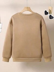 Tween Girl Long Sleeve Smiling Face Checkerboard Crew Neck Sweatshirt,Back-To-School Casual Tan Sweatshirt For School,Autumn Wear,Vacation,Outings - Camel - View 2