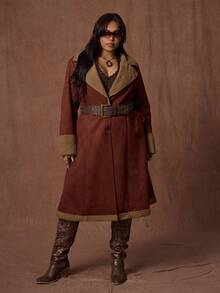 Rustia Veste mi-longue épaisse à la taille cintrée,  et fausse laine d'agneau, colorbloquée, élégante et vintage, pour femmes grandes tailles, pour l'automne/hiver