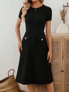 EMERY ROSE Women's Black Lace Patchwork Elegant Party Mid-Length Dress - Black - View 8